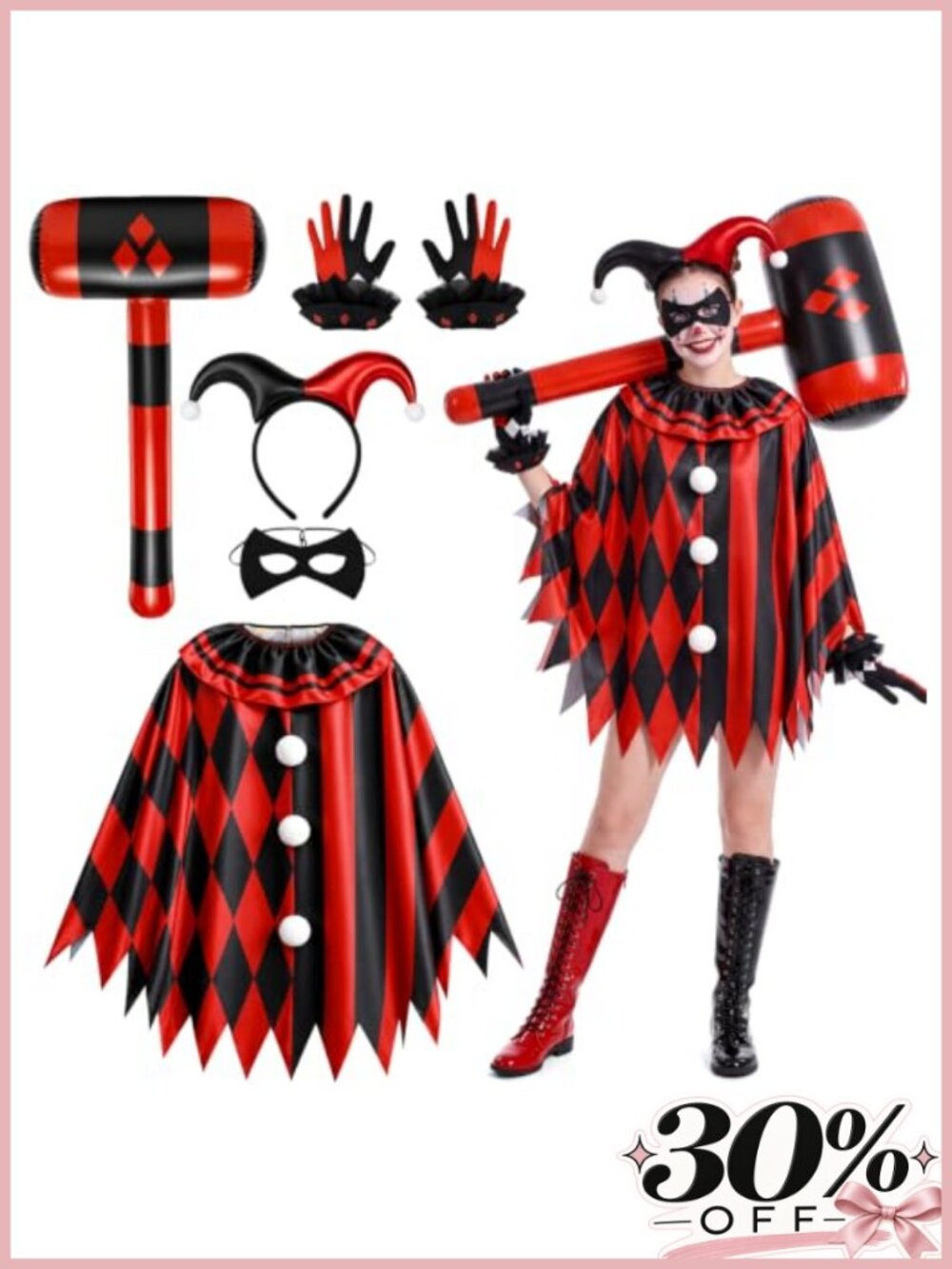 Jester Clown Costume Women Halloween Cosplay Cape Gloves Headband One Size